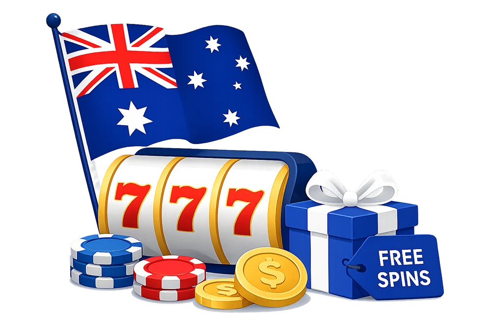 Australian flag, slot reels, casino chips and free spins bonus box